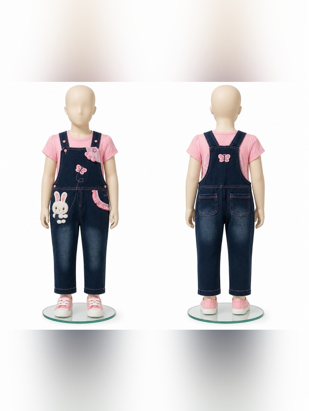 Toddler Denim Overalls With Pink Butterfly and Bunny Appliqué